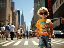 ragazzo gode un' senza fretta passeggiare attraverso il vivace città strade ai generativo foto