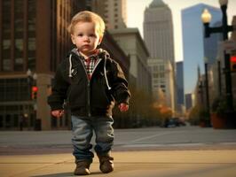 ragazzo gode un' senza fretta passeggiare attraverso il vivace città strade ai generativo foto