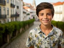 ragazzo gode un' senza fretta passeggiare attraverso il vivace città strade ai generativo foto