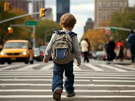 ragazzo gode un' senza fretta passeggiare attraverso il vivace città strade ai generativo foto