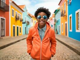 ragazzo gode un' senza fretta passeggiare attraverso il vivace città strade ai generativo foto