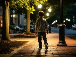 ragazzo gode un' senza fretta passeggiare attraverso il vivace città strade ai generativo foto