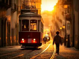 ragazzo gode un' senza fretta passeggiare attraverso il vivace città strade ai generativo foto