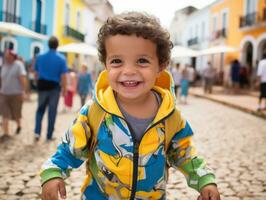 ragazzo gode un' senza fretta passeggiare attraverso il vivace città strade ai generativo foto