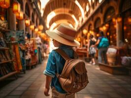 ragazzo gode un' senza fretta passeggiare attraverso il vivace città strade ai generativo foto