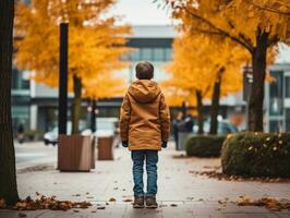 ragazzo gode un' senza fretta passeggiare attraverso il vivace città strade ai generativo foto