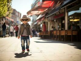 ragazzo gode un' senza fretta passeggiare attraverso il vivace città strade ai generativo foto