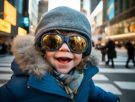 ragazzo gode un' senza fretta passeggiare attraverso il vivace città strade ai generativo foto