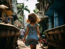 ragazzo gode un' senza fretta passeggiare attraverso il vivace città strade ai generativo foto