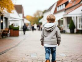 ragazzo gode un' senza fretta passeggiare attraverso il vivace città strade ai generativo foto