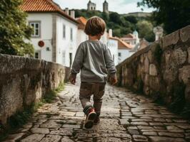 ragazzo gode un' senza fretta passeggiare attraverso il vivace città strade ai generativo foto