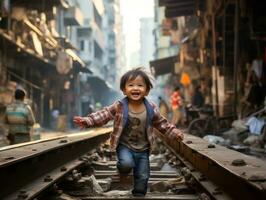 ragazzo gode un' senza fretta passeggiare attraverso il vivace città strade ai generativo foto