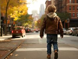 ragazzo gode un' senza fretta passeggiare attraverso il vivace città strade ai generativo foto