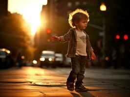 ragazzo gode un' senza fretta passeggiare attraverso il vivace città strade ai generativo foto