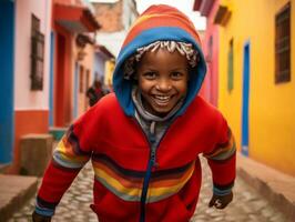 ragazzo gode un' senza fretta passeggiare attraverso il vivace città strade ai generativo foto