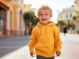 ragazzo gode un' senza fretta passeggiare attraverso il vivace città strade ai generativo foto