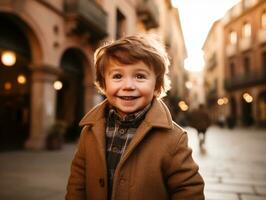 ragazzo gode un' senza fretta passeggiare attraverso il vivace città strade ai generativo foto