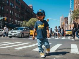 ragazzo gode un' senza fretta passeggiare attraverso il vivace città strade ai generativo foto