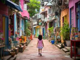 ragazzo gode un' senza fretta passeggiare attraverso il vivace città strade ai generativo foto