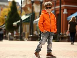 ragazzo gode un' senza fretta passeggiare attraverso il vivace città strade ai generativo foto