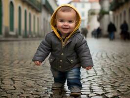 ragazzo gode un' senza fretta passeggiare attraverso il vivace città strade ai generativo foto