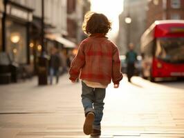 ragazzo gode un' senza fretta passeggiare attraverso il vivace città strade ai generativo foto