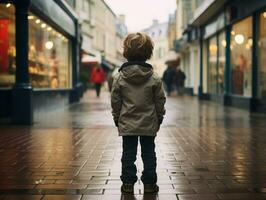 ragazzo gode un' senza fretta passeggiare attraverso il vivace città strade ai generativo foto