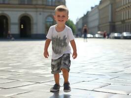 ragazzo gode un' senza fretta passeggiare attraverso il vivace città strade ai generativo foto