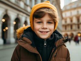 ragazzo gode un' senza fretta passeggiare attraverso il vivace città strade ai generativo foto