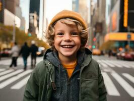 ragazzo gode un' senza fretta passeggiare attraverso il vivace città strade ai generativo foto