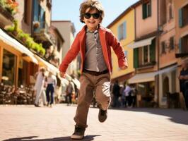 ragazzo gode un' senza fretta passeggiare attraverso il vivace città strade ai generativo foto