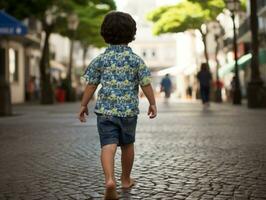 ragazzo gode un' senza fretta passeggiare attraverso il vivace città strade ai generativo foto