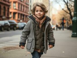 ragazzo gode un' senza fretta passeggiare attraverso il vivace città strade ai generativo foto