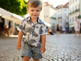 ragazzo gode un' senza fretta passeggiare attraverso il vivace città strade ai generativo foto