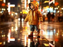 ragazzo gode un' senza fretta passeggiare attraverso il vivace città strade ai generativo foto