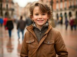 ragazzo gode un' senza fretta passeggiare attraverso il vivace città strade ai generativo foto