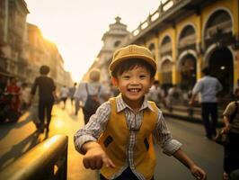 ragazzo gode un' senza fretta passeggiare attraverso il vivace città strade ai generativo foto