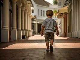 ragazzo gode un' senza fretta passeggiare attraverso il vivace città strade ai generativo foto