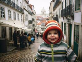 ragazzo gode un' senza fretta passeggiare attraverso il vivace città strade ai generativo foto