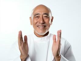40 anno vecchio asiatico uomo nel emotivo posa su bianca sfondo ai generativo foto