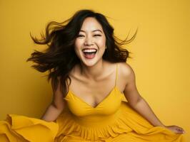 asiatico donna nel giocoso posa su solido sfondo ai generativo foto