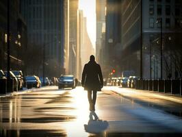 uomo gode un' senza fretta passeggiare attraverso il vivace città strade ai generativo foto