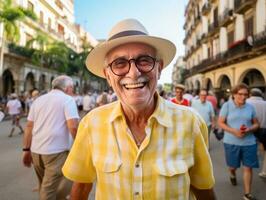 uomo gode un' senza fretta passeggiare attraverso il vivace città strade ai generativo foto