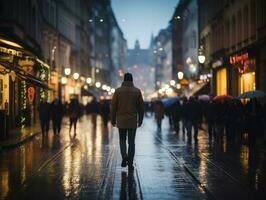 uomo gode un' senza fretta passeggiare attraverso il vivace città strade ai generativo foto