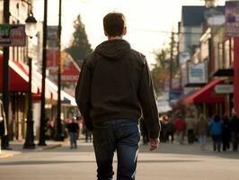 uomo gode un' senza fretta passeggiare attraverso il vivace città strade ai generativo foto