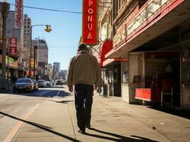 uomo gode un' senza fretta passeggiare attraverso il vivace città strade ai generativo foto