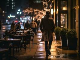 uomo gode un' senza fretta passeggiare attraverso il vivace città strade ai generativo foto