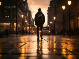 uomo gode un' senza fretta passeggiare attraverso il vivace città strade ai generativo foto