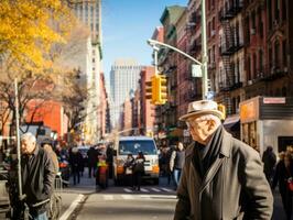 uomo gode un' senza fretta passeggiare attraverso il vivace città strade ai generativo foto