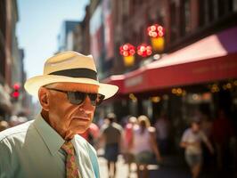 uomo gode un' senza fretta passeggiare attraverso il vivace città strade ai generativo foto